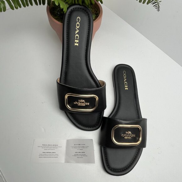 Coach Evy Black Leather Slide Sandals Gold Logo Plaque Women’s 9B Slip with Box - Picture 3 of 13